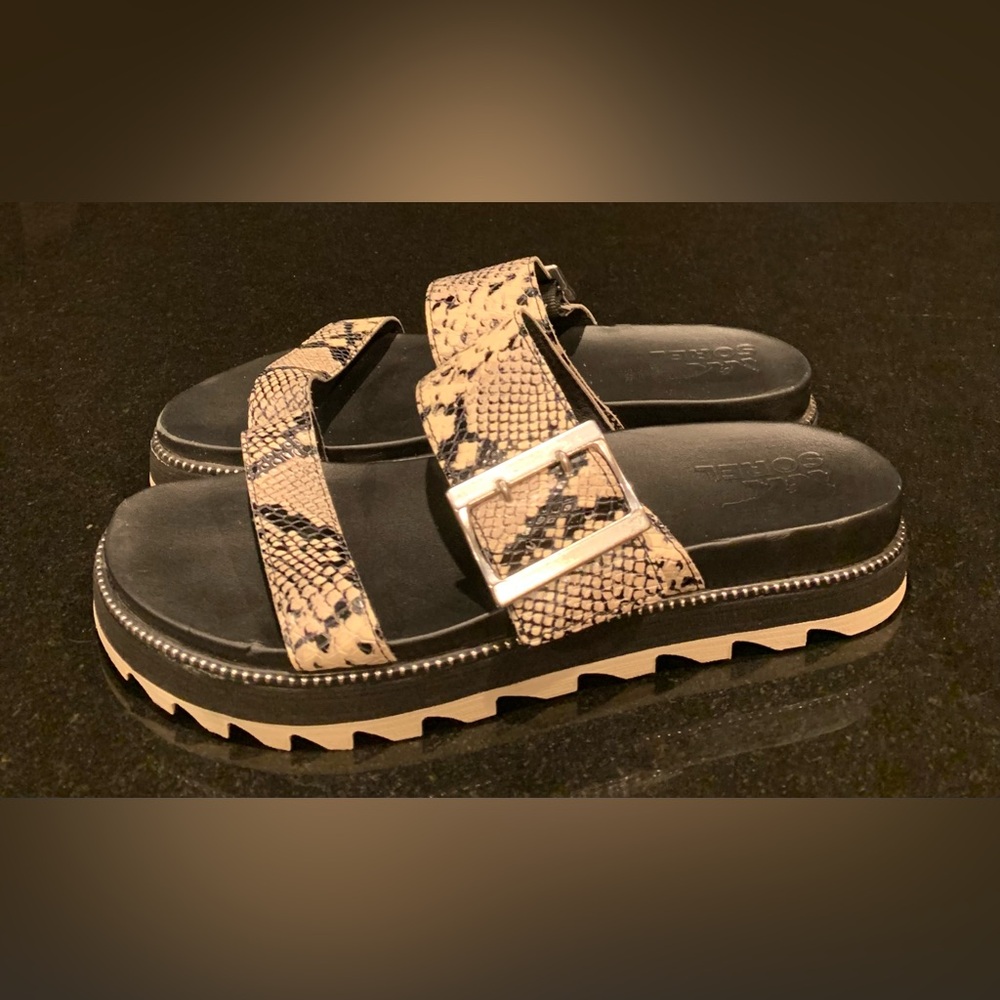 Snake-Print Double Strap Slide Sandals in Beige